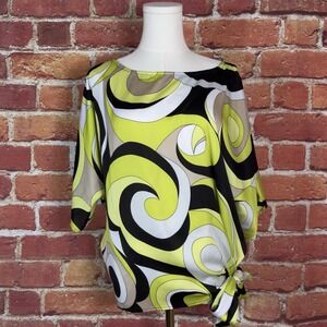 Michael Kors Size S Tie Waist Lemon Green Beige‎ Cream Floral Top Blouse Women